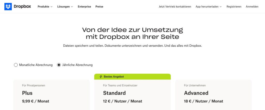 Screenshot der Tarifübersicht von Dropbox