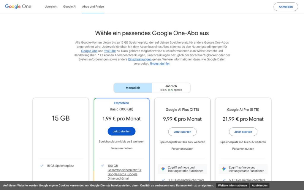 Screenshot der Tarifübersicht von Google Drive