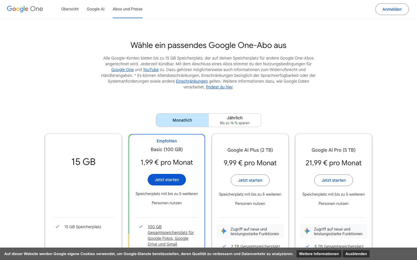 Tarifübersicht von Google One für Google Drive