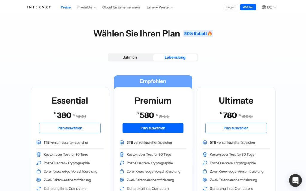 Screenshot der Tarifübersicht von Internxt Drive