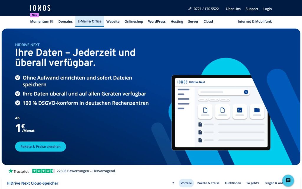 Screenshot der Tarifübersicht von IONOS HiDrive
