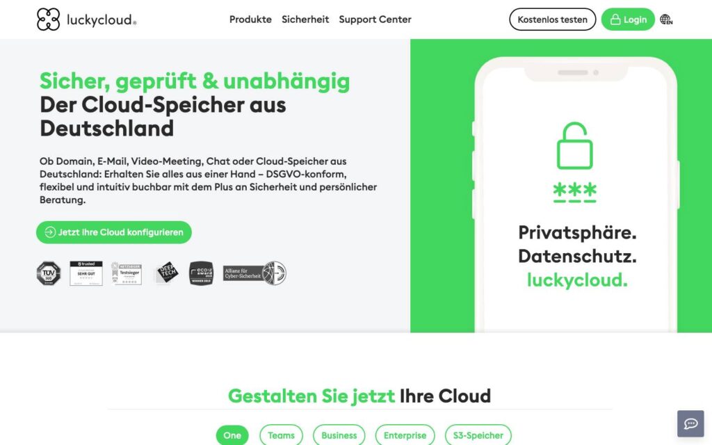 Screenshot der Tarifübersicht von luckycloud