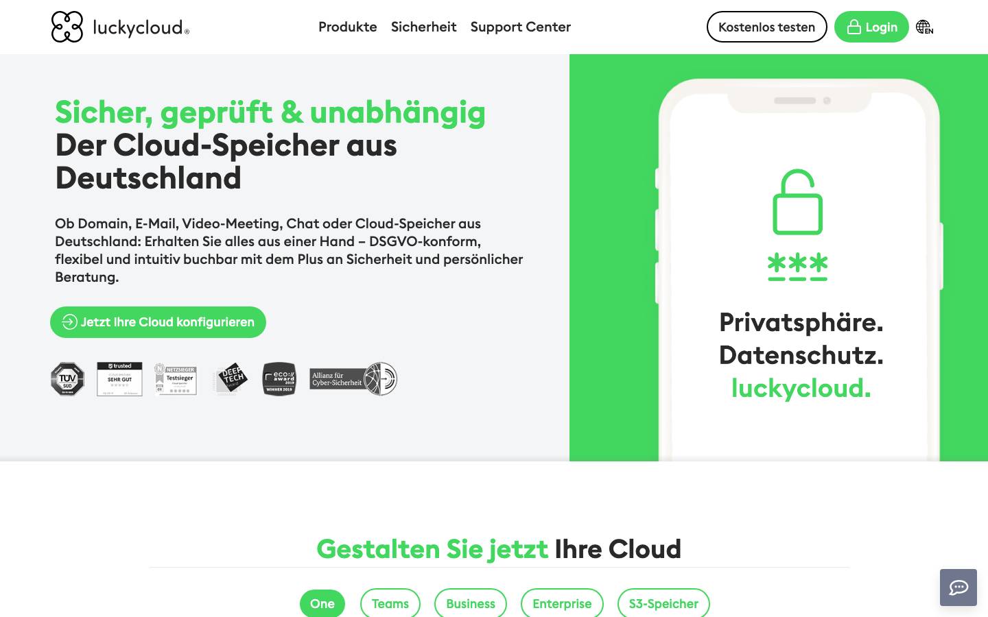Startseite des deutschen Cloud-Speicher-Anbieters luckycloud