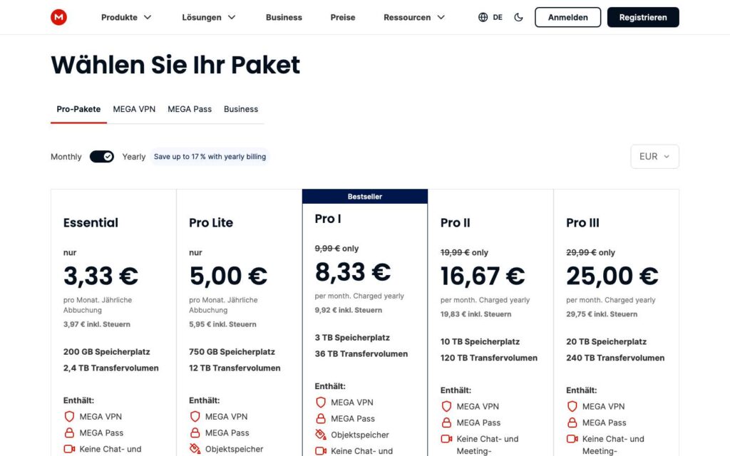 Screenshot der Tarifübersicht von MEGA