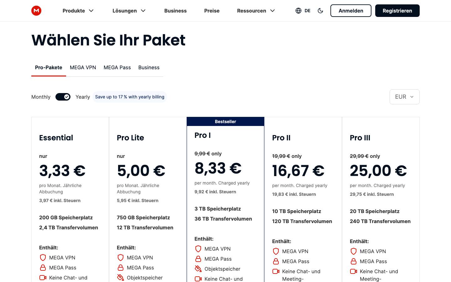 Tarifübersicht auf der offiziellen MEGA Website