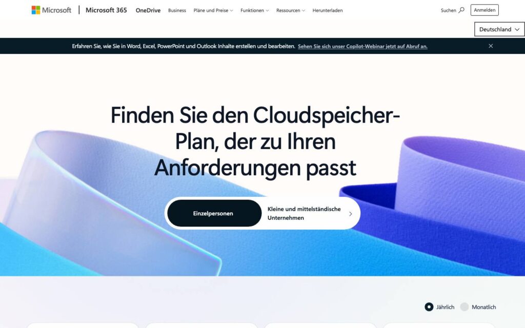 Screenshot der Tarifübersicht von Microsoft OneDrive