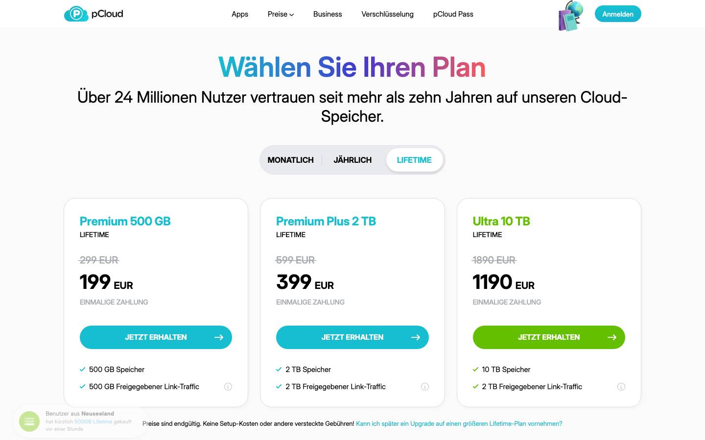 Lifetime-Tarife auf der offiziellen pCloud Website