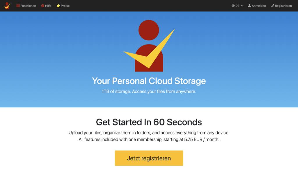 Startseite von Premiumize.me mit Cloud-Speicher Angebot