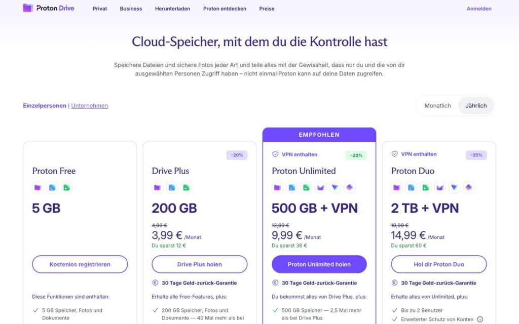 Screenshot der Tarifübersicht von Proton Drive