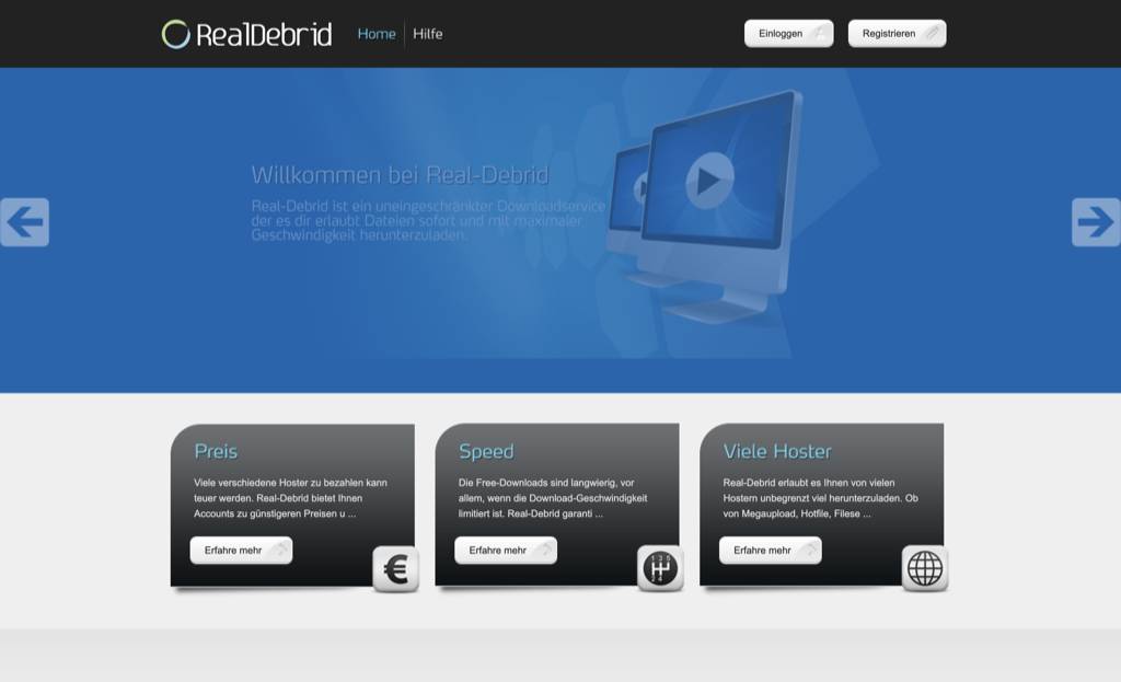 Startseite des Multihosters Real-Debrid