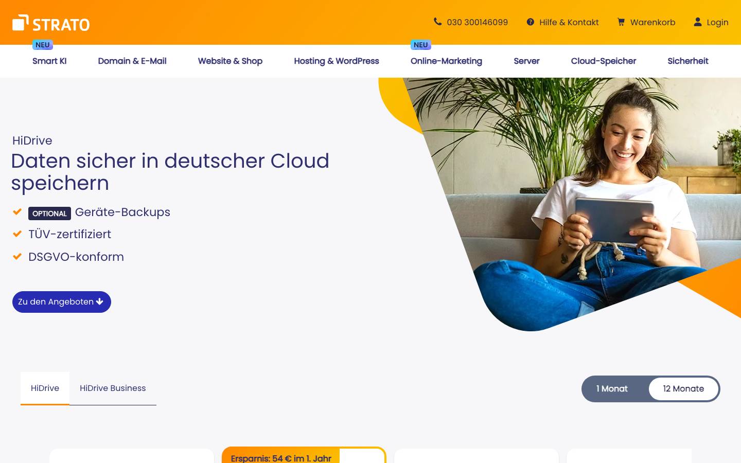 HiDrive Cloud-Speicher auf der offiziellen STRATO Website