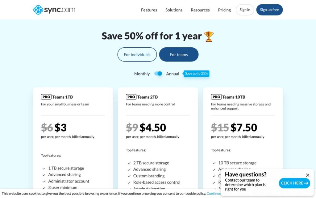 Screenshot der Tarifübersicht von Sync.com
