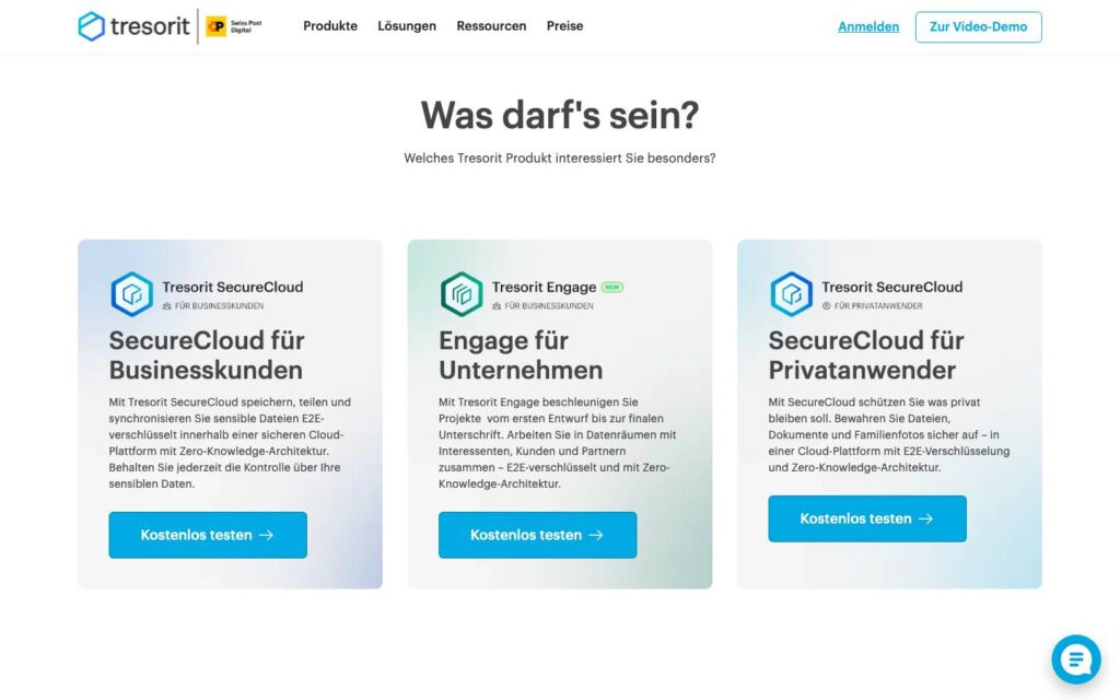 Screenshot der Tarifübersicht von Tresorit